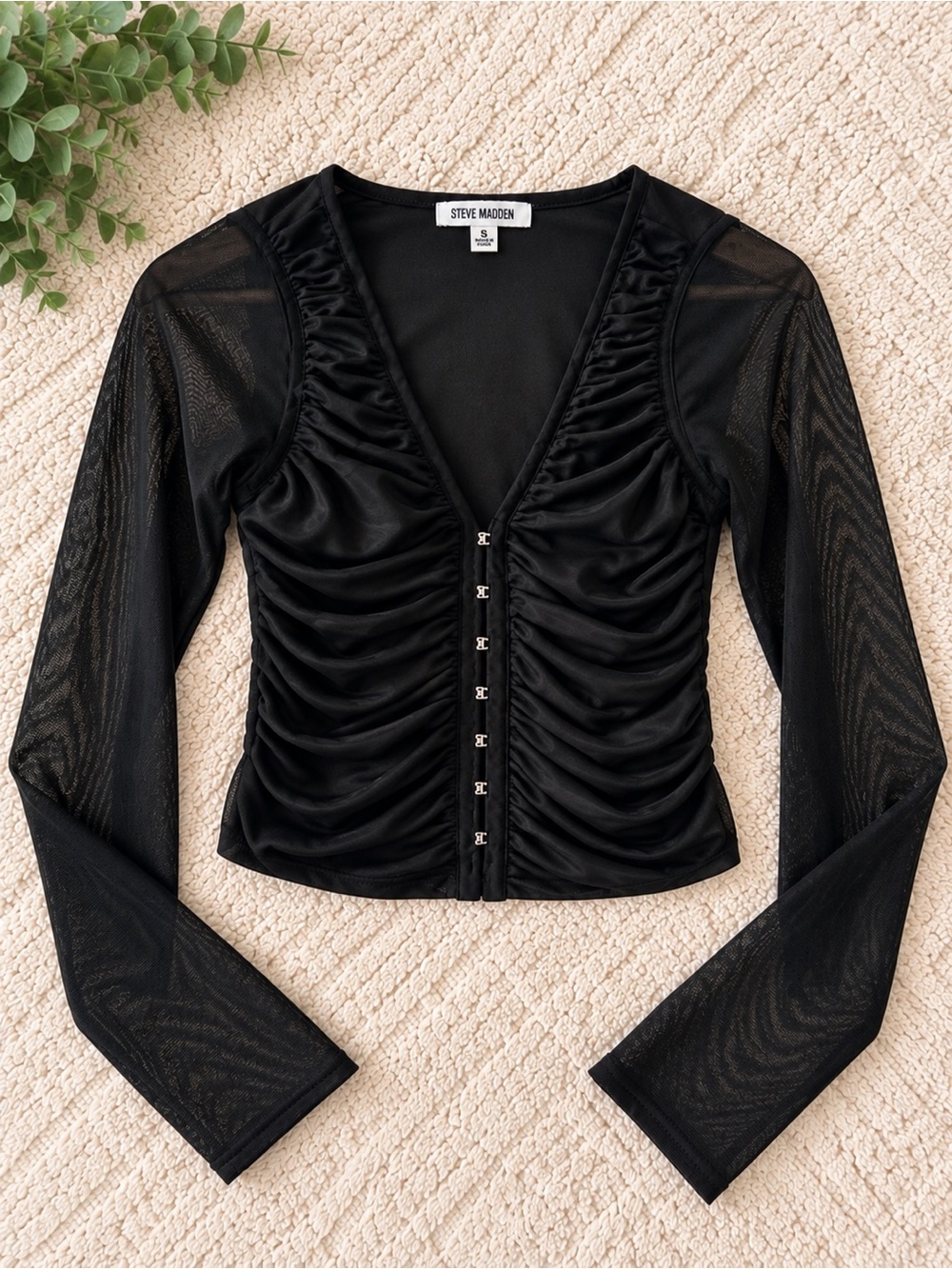 Steve Madden Black Ruched Mesh Long Sleeve Crop Cardigan, size small